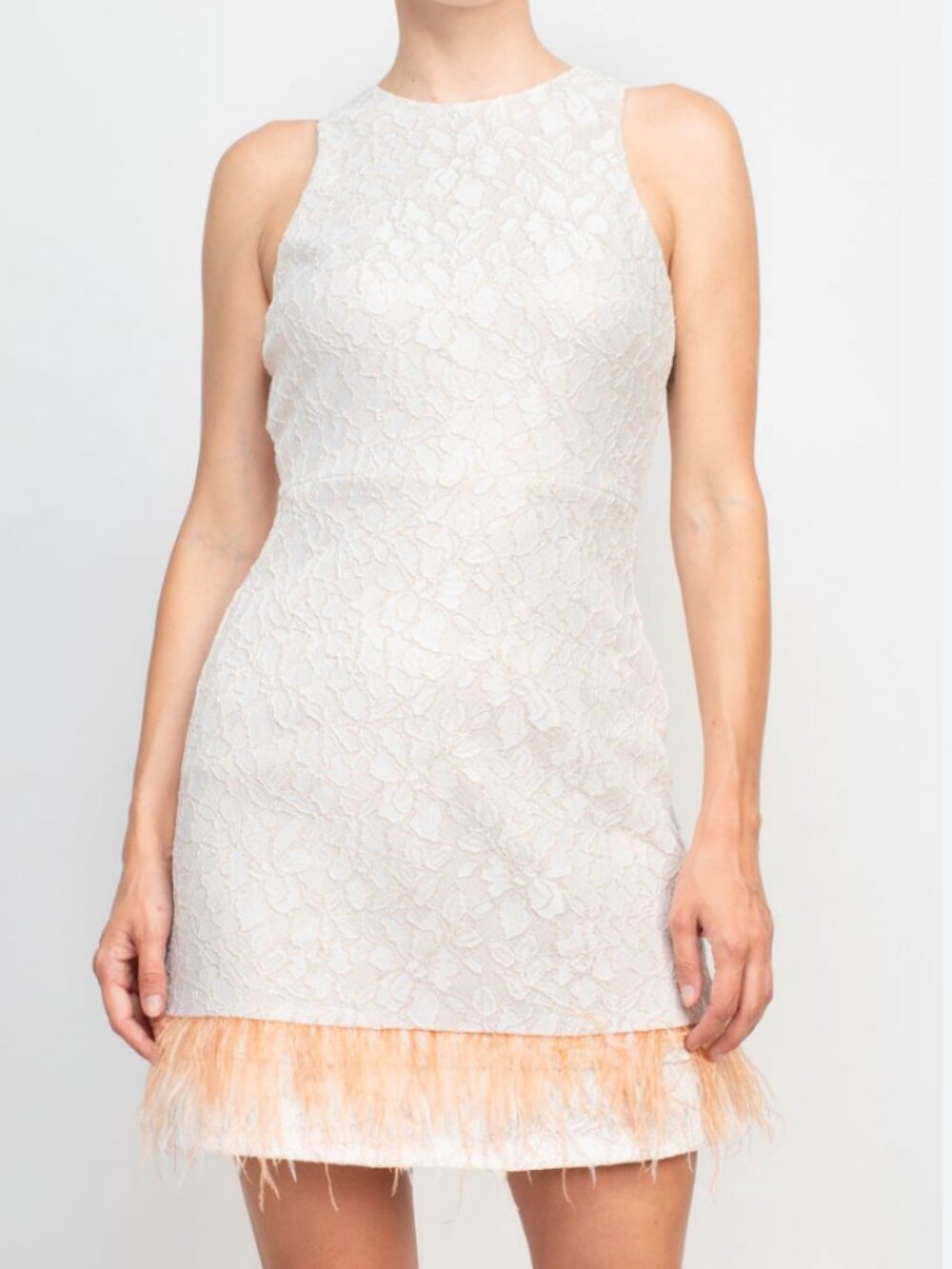 Taylor White Nude Floral Lace Feather Mini Dress